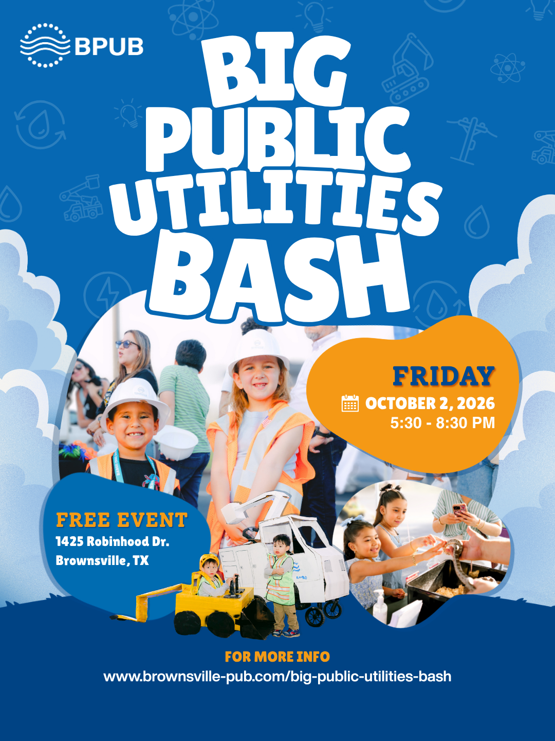 Big Public Utilities Bash event poster: Friday, October 2, 2026, from 5:30 to 8:30 PM at 1425 Robinhood Dr., Brownsville, TX. Free event.